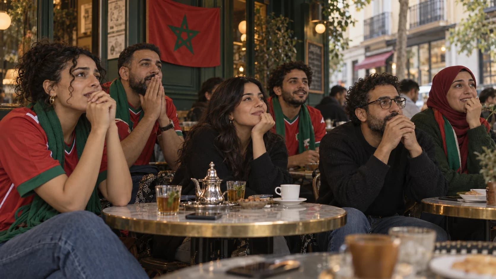 Friends watching a football match together in a café.