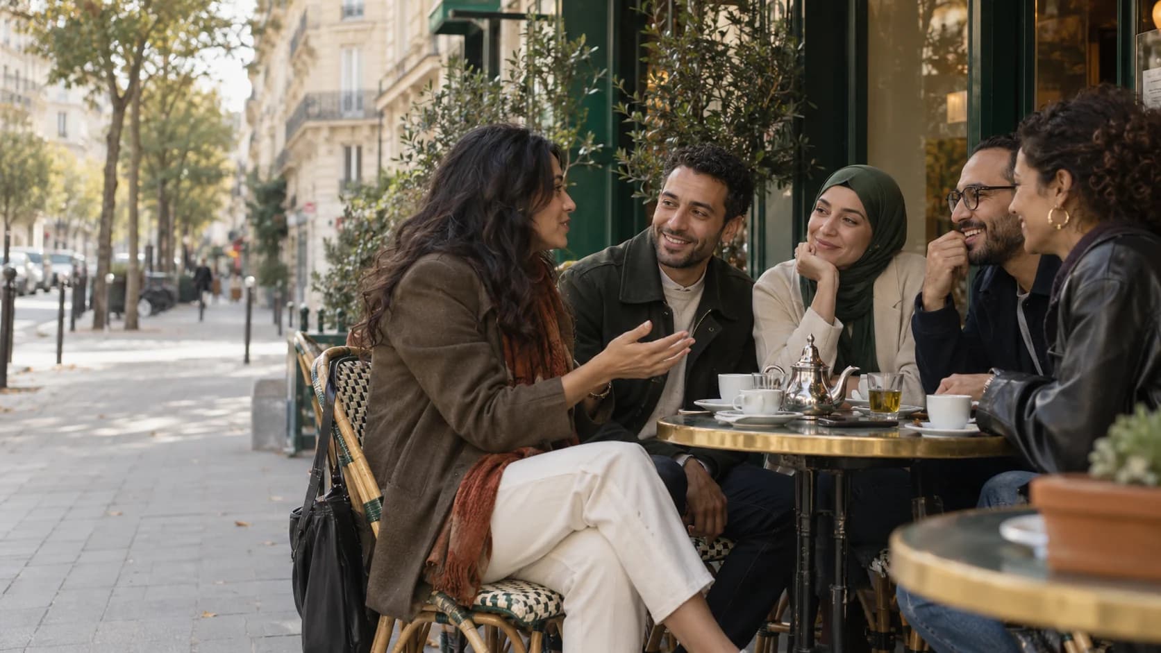 Friends talking over tea at a neighborhood café.