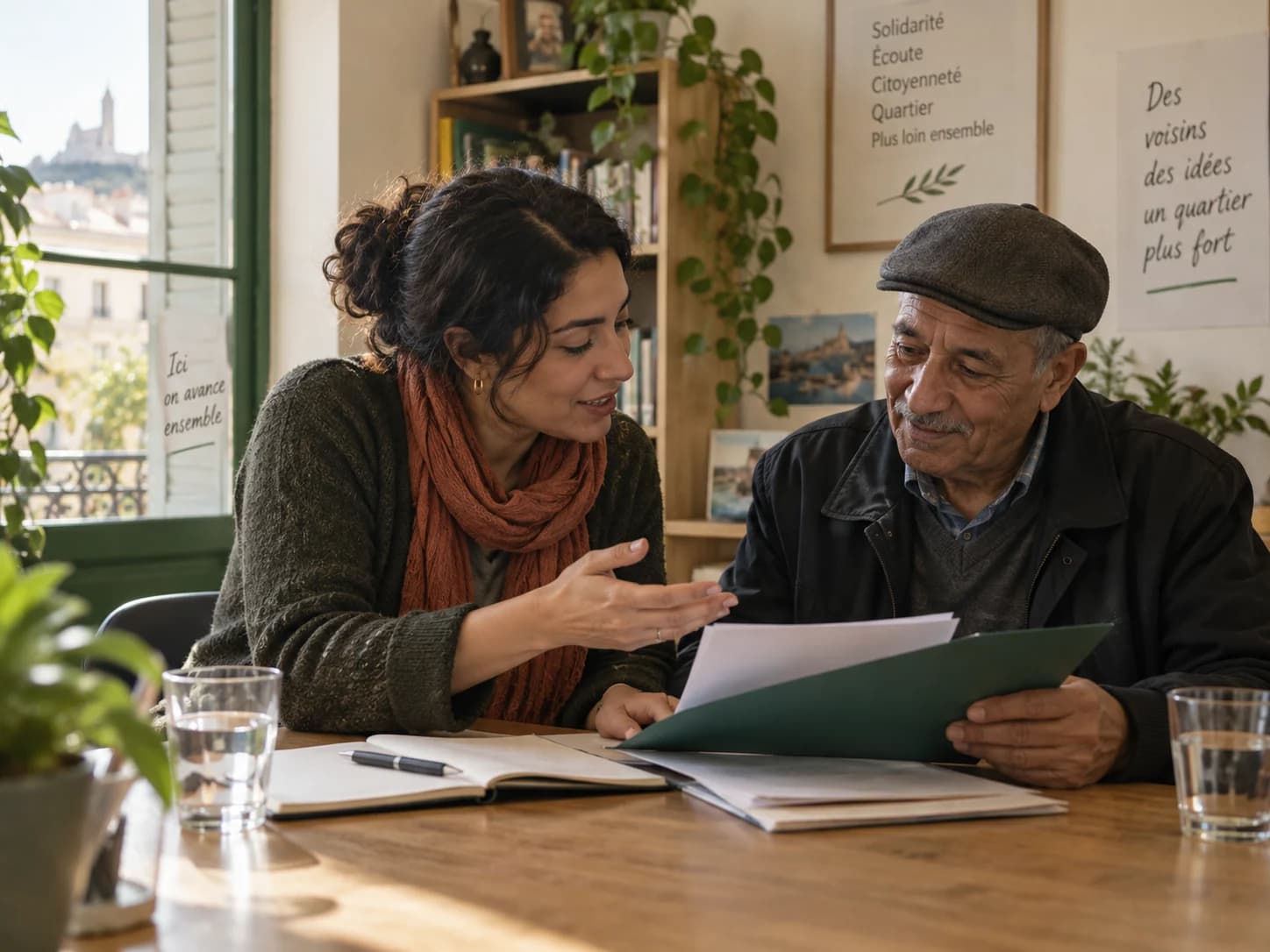 An adviser helping an older man review paperwork.