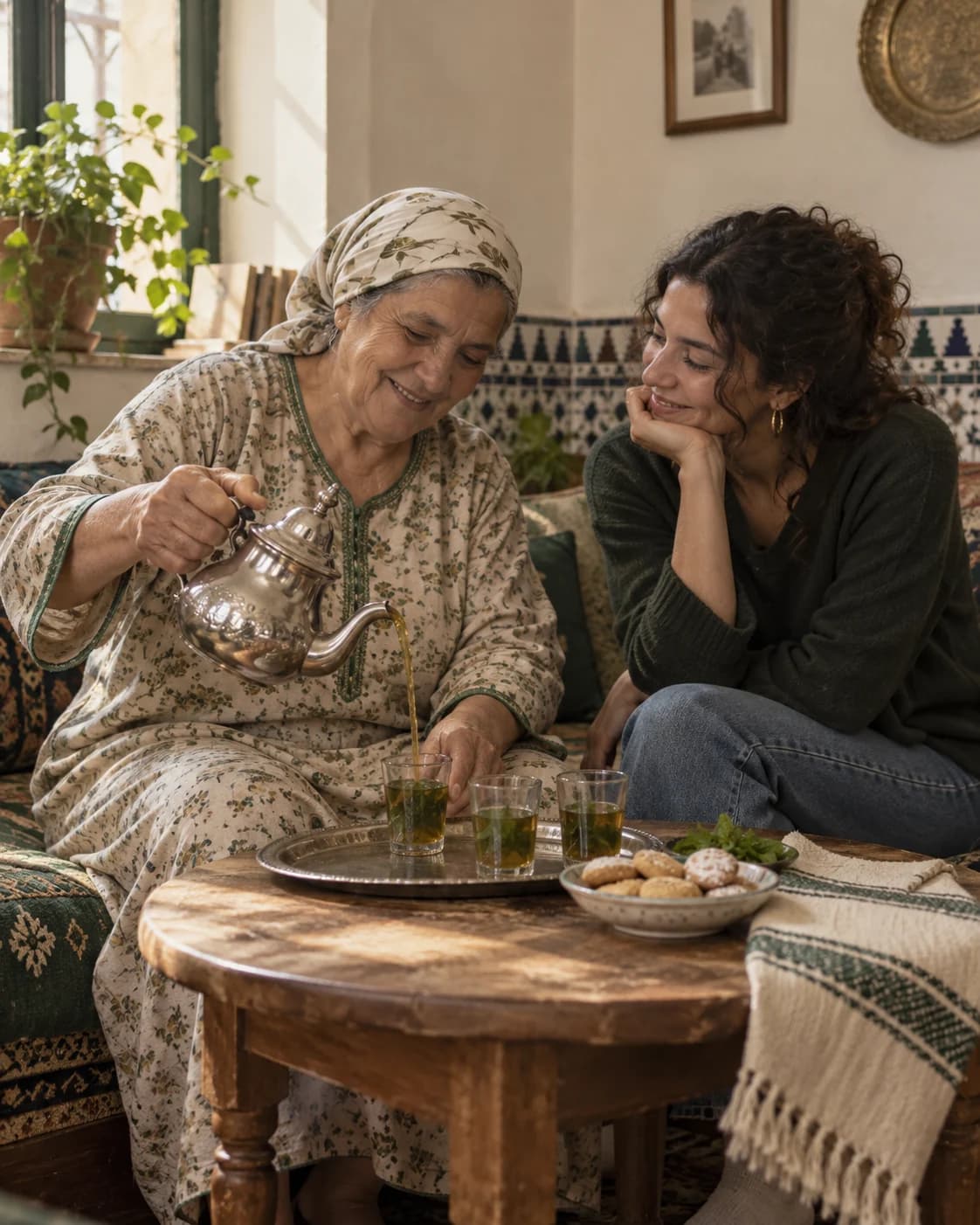 Two generations of a family sharing Moroccan mint tea.