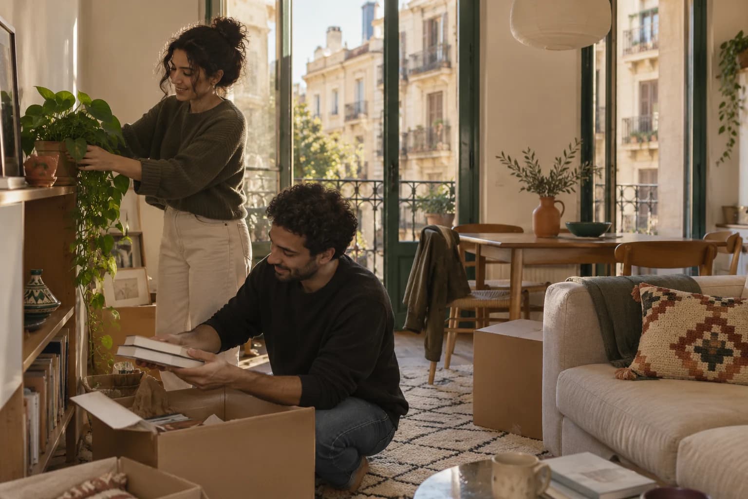 Two people unpacking and making a new apartment their home.